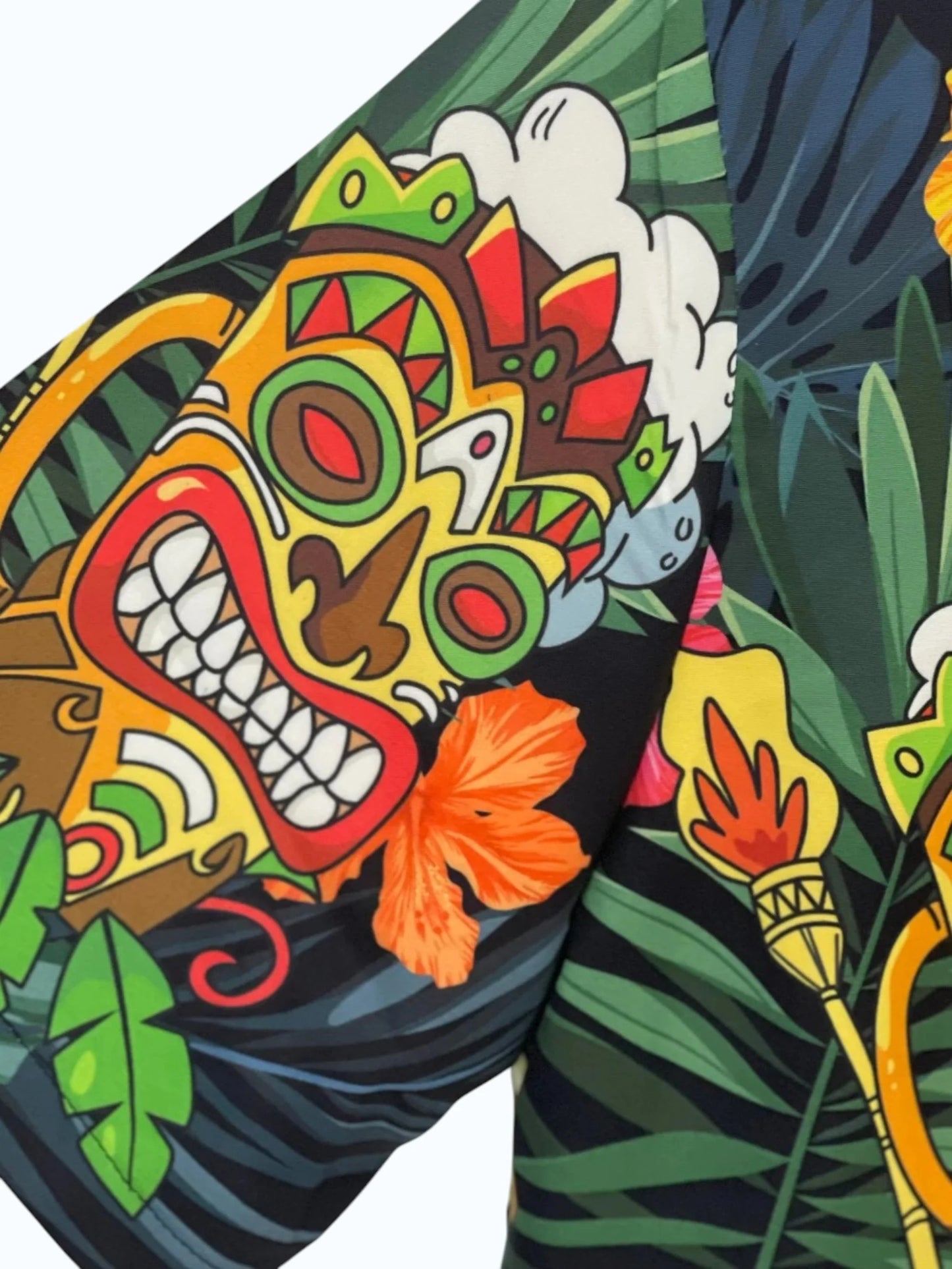Men's Tropical Tiki Mask Print Cuban Collar Half Sleeve Casual Hawaiian Shirt