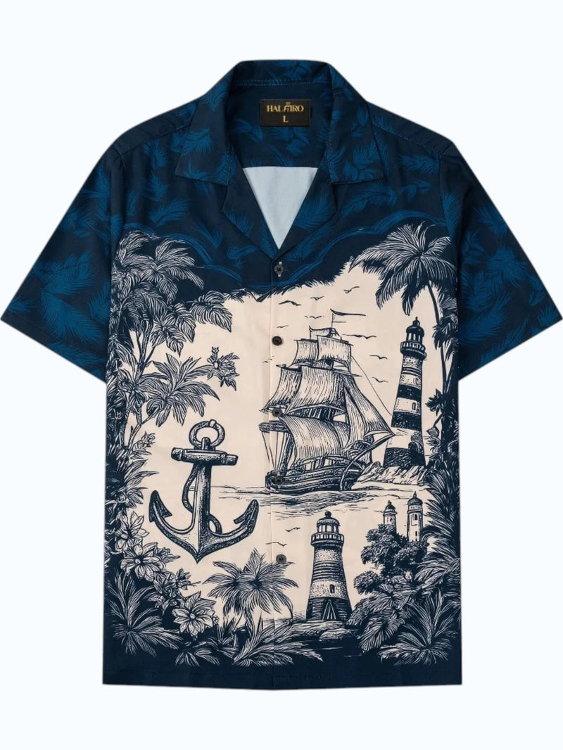 Men's Vintage Nautical Ship & Lighthouse Print Cuban Collar Half Sleeve Casual Shirt