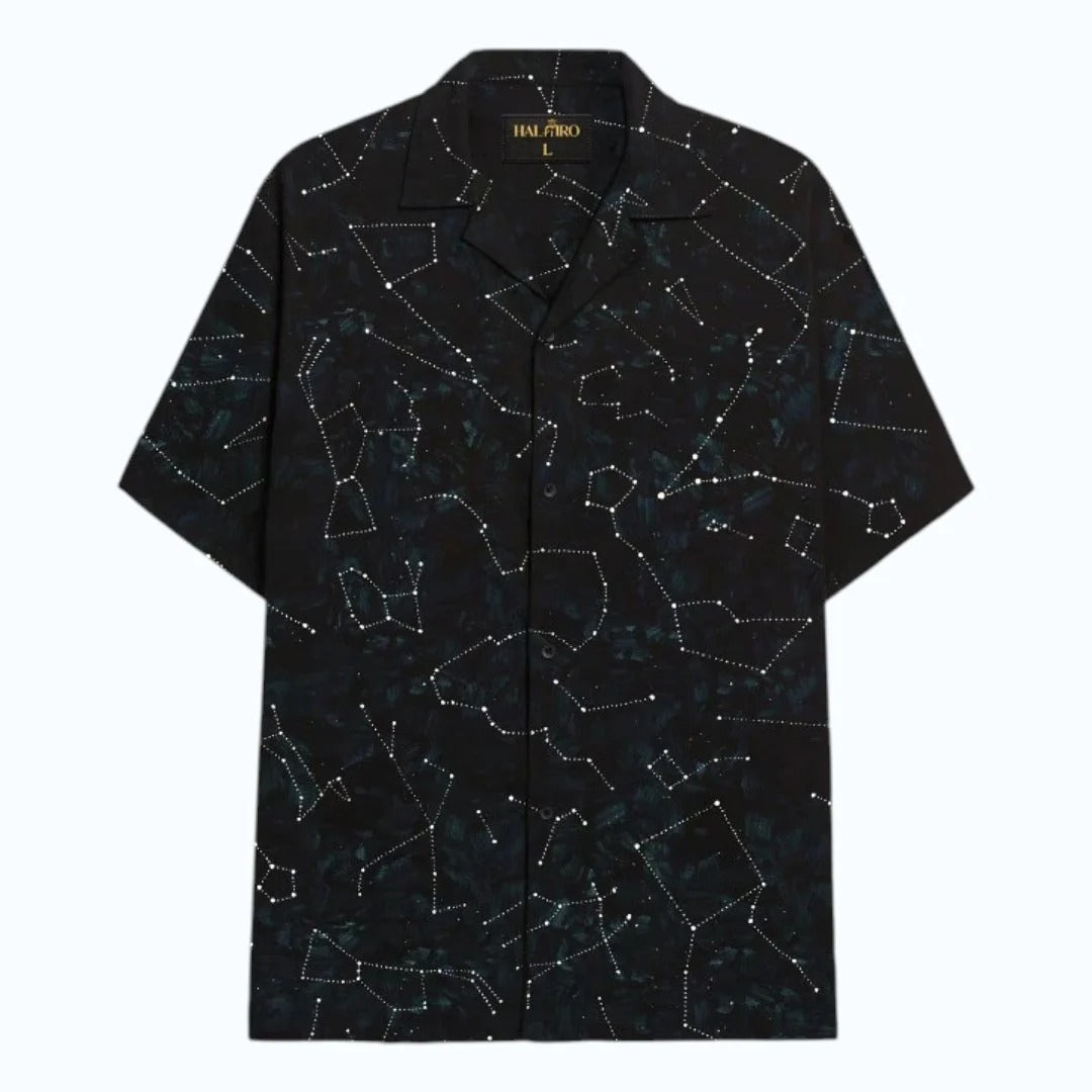 Men's Black Constellation Print Cuban Collar Half Sleeve Casual Shirt