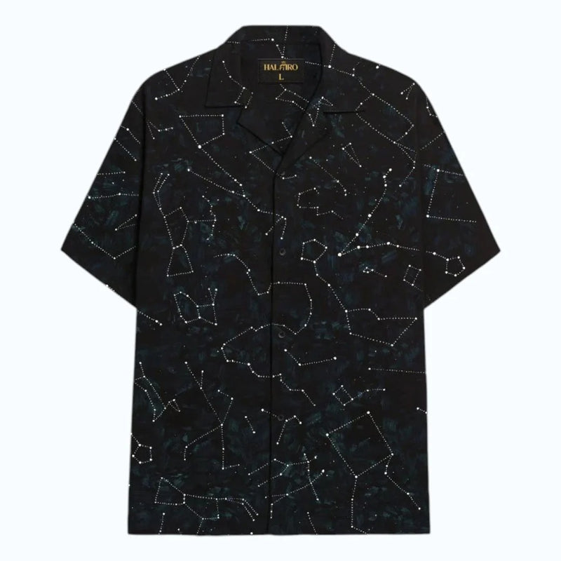 Men's Black Constellation Print Cuban Collar Half Sleeve Casual Shirt