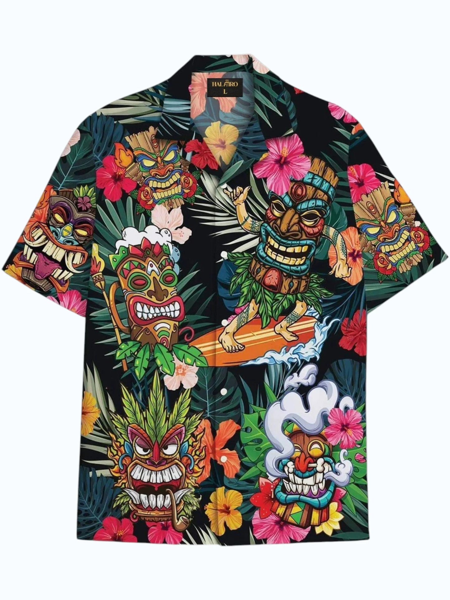 Men's Tropical Tiki Mask Print Cuban Collar Half Sleeve Casual Hawaiian Shirt