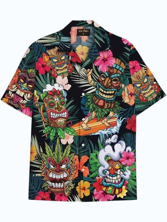 Men's Tropical Tiki Mask Print Cuban Collar Half Sleeve Casual Hawaiian Shirt