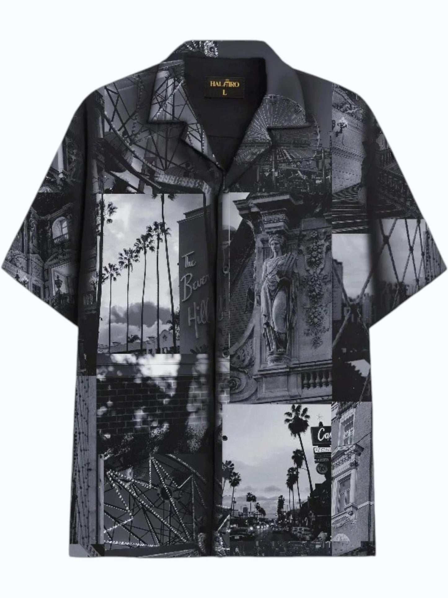 Men's Monochrome Vintage Cityscape Print Cuban Collar Half Sleeve Casual Shirt