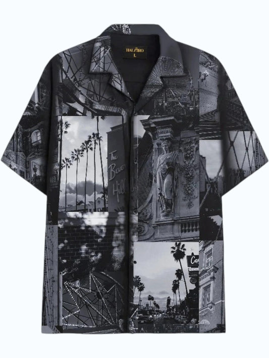 Men's Monochrome Vintage Cityscape Print Cuban Collar Half Sleeve Casual Shirt