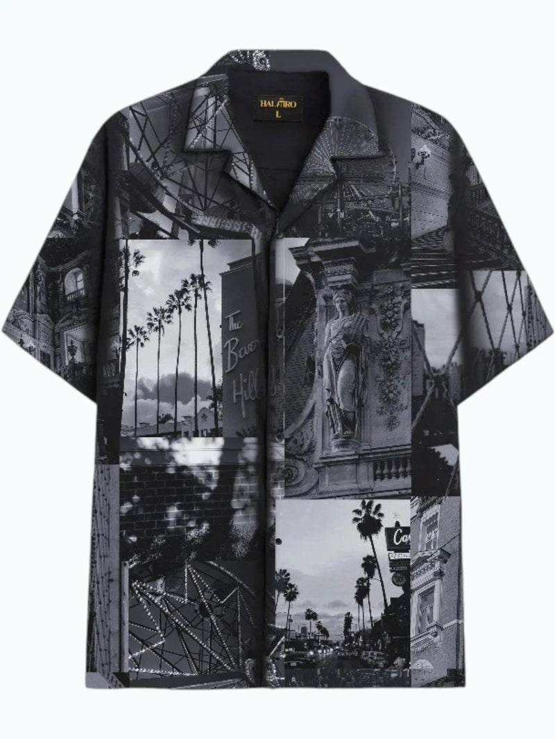 Men's Monochrome Vintage Cityscape Print Cuban Collar Half Sleeve Casual Shirt
