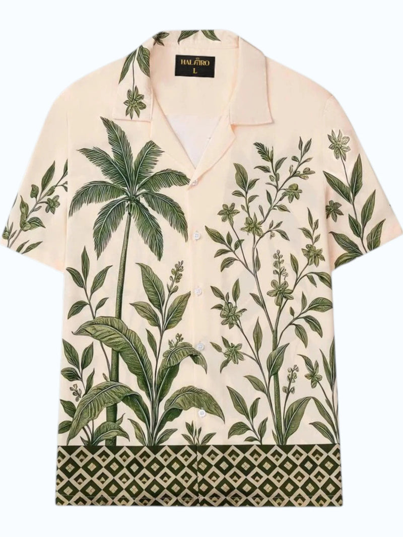 Men's Tropical Botanical Print Cuban Collar Half Sleeve Casual Shirt