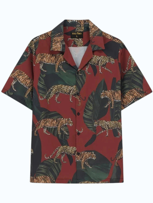 Men's Wild Jungle Tiger & Leopard Print Cuban Collar Half Sleeve Casual Shirt