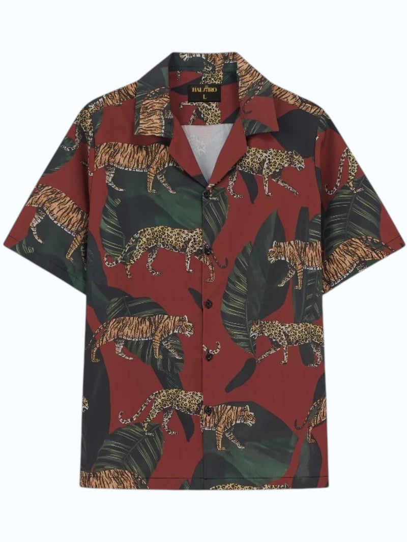 Men's Wild Jungle Tiger & Leopard Print Cuban Collar Half Sleeve Casual Shirt