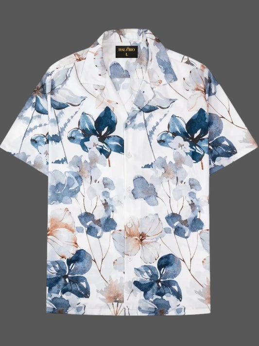 Men's Blue Floral Print Cuban Collar Half Sleeve Casual Shirt