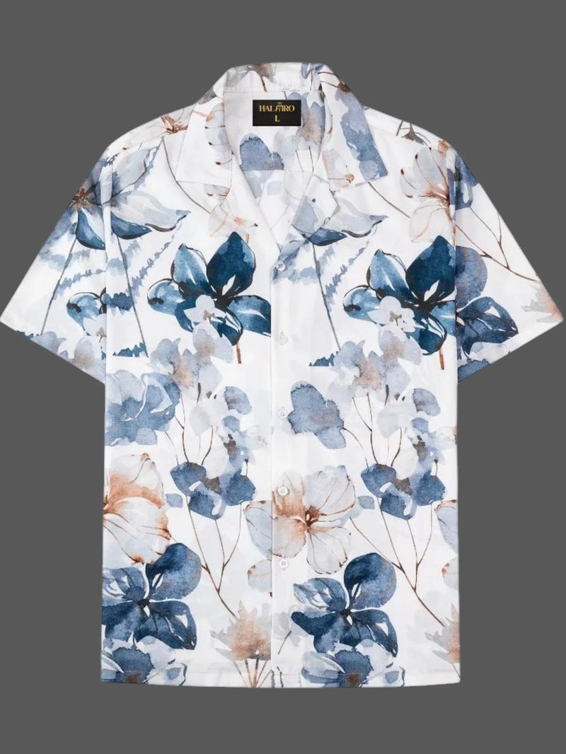 Men's Blue Floral Print Cuban Collar Half Sleeve Casual Shirt