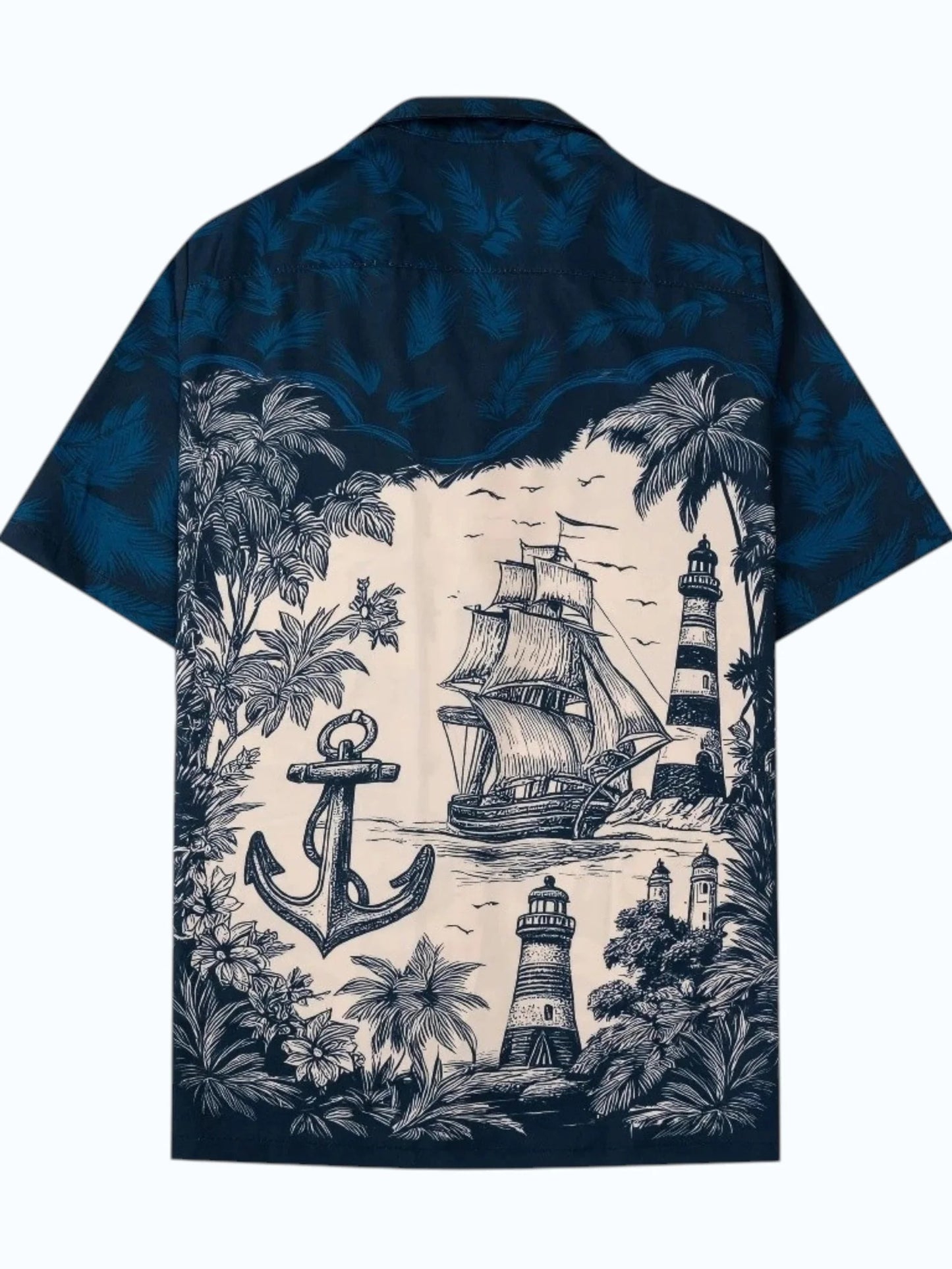 Men's Vintage Nautical Ship & Lighthouse Print Cuban Collar Half Sleeve Casual Shirt