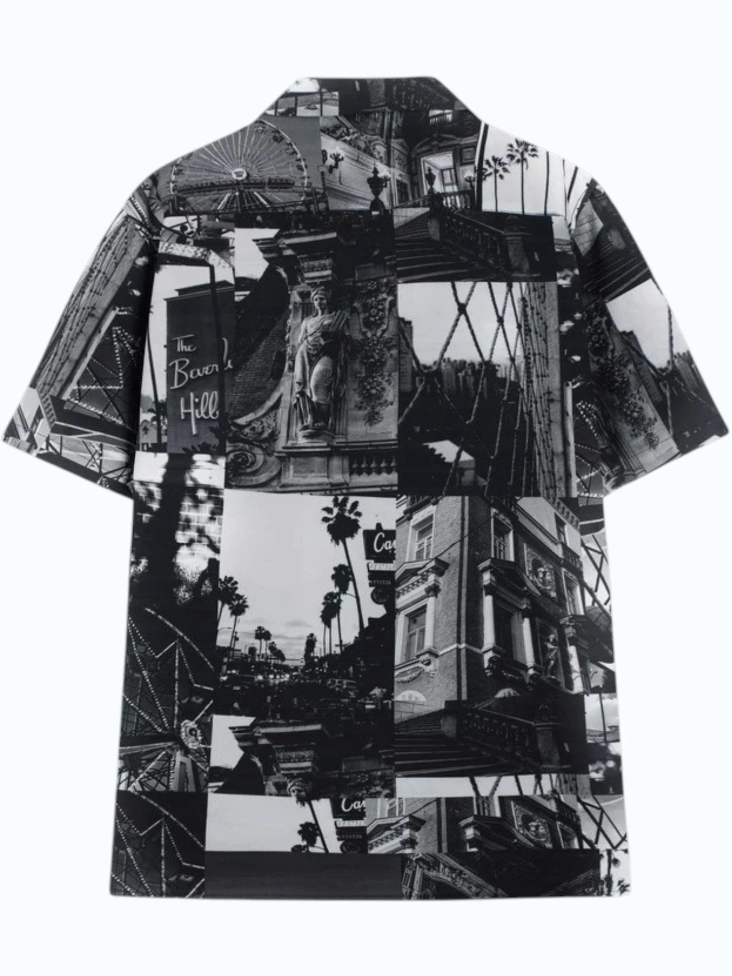 Men's Monochrome Vintage Cityscape Print Cuban Collar Half Sleeve Casual Shirt