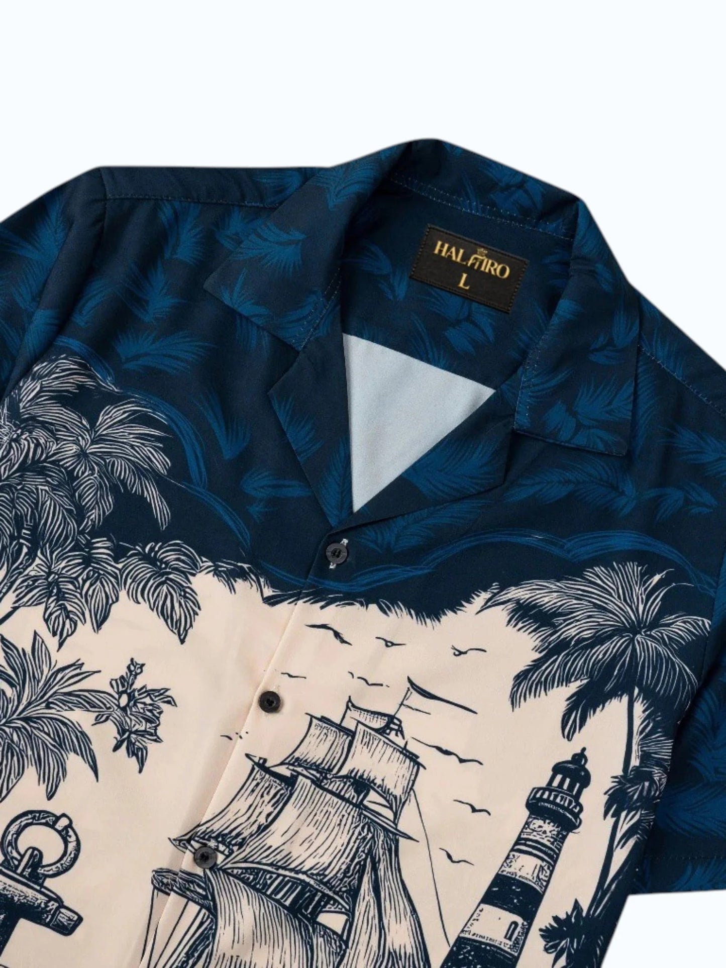 Men's Vintage Nautical Ship & Lighthouse Print Cuban Collar Half Sleeve Casual Shirt