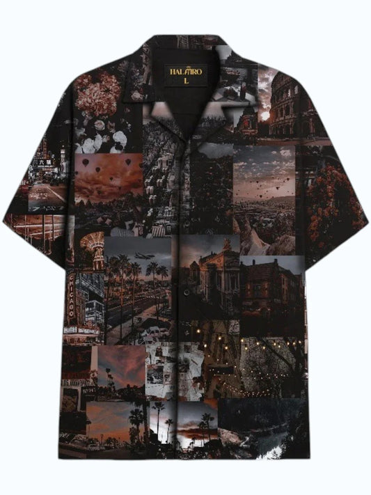Men's Vintage Dark Cityscape Print Cuban Collar Half Sleeve Casual Shirt