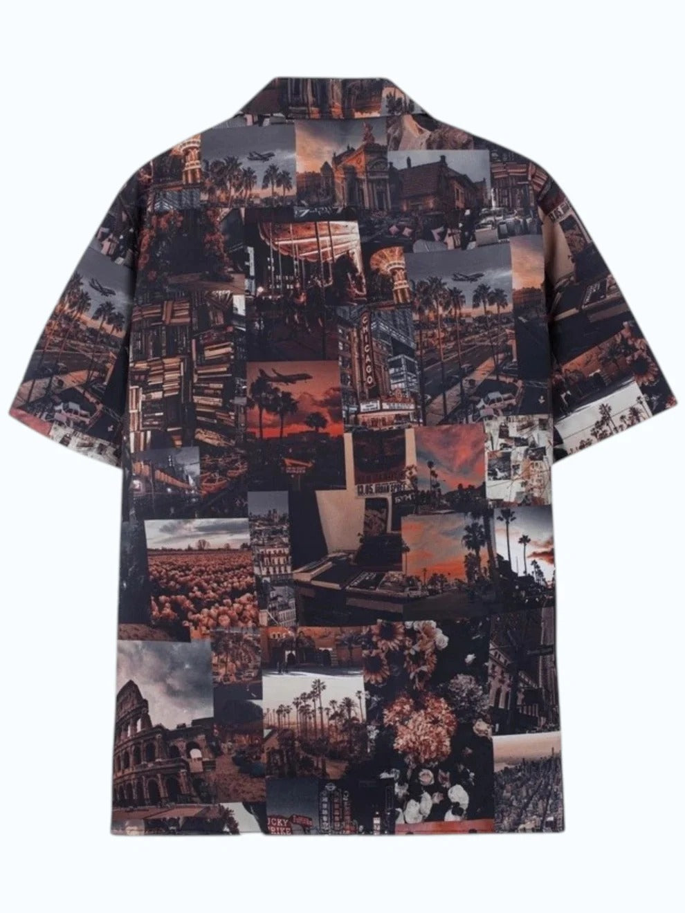 Men's Vintage Dark Cityscape Print Cuban Collar Half Sleeve Casual Shirt